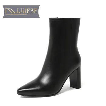 

MLJUESE 2018 women ankle boots cow leather black color autumn spring slip on ankle boots female boots riding boots