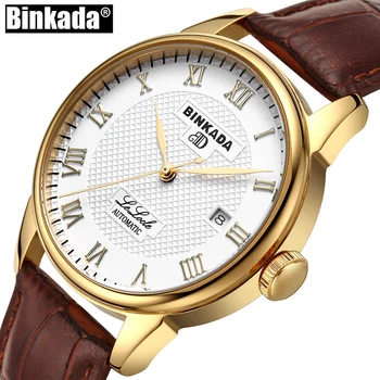 

Luxury BINKADA Automatic Mechanical Watch Gold Classic Mens AUTO Date Self-Winding Mens Watch Skeleton Tourbillon Men Wristwatch