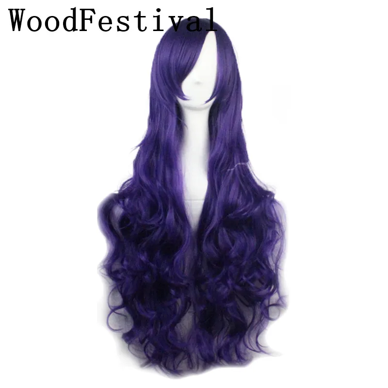 Economici WoodFestival 80 centimetri Donne Parrucca Sintetica Ondulata Lunga Verde Nero Bianco Marrone Blu Viola Arancione Rosa Rosso Cosplay Parrucche con frangia