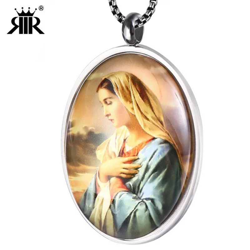 

RIR Blessed Saint Virgin Mary Pendant Necklace Christian Religious Necklace Jewelry Catholic Gifts In Stainless Steel and Glass