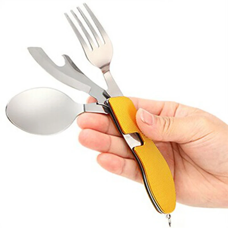 

Multi-function Outdoor Camping Picnic Tableware Stainless Steel Cutlery 4 in 1 Folding Fork Knife Bottle Opener IC642858