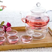 1 чайный G-1* 635 мл термостойкий стеклянный чайник+ 6 чашек 30 мл+ 1 грелка+ 1 бамбуковый поднос