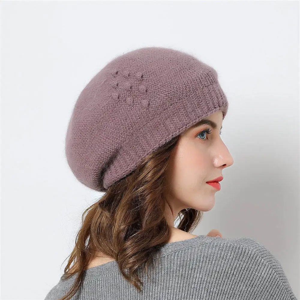 Angora Hat Women Winter Beanies Knit Warm Casual Soft Solid Color Thermal Outdoor Snow Accessory Caps Headwear  (1)
