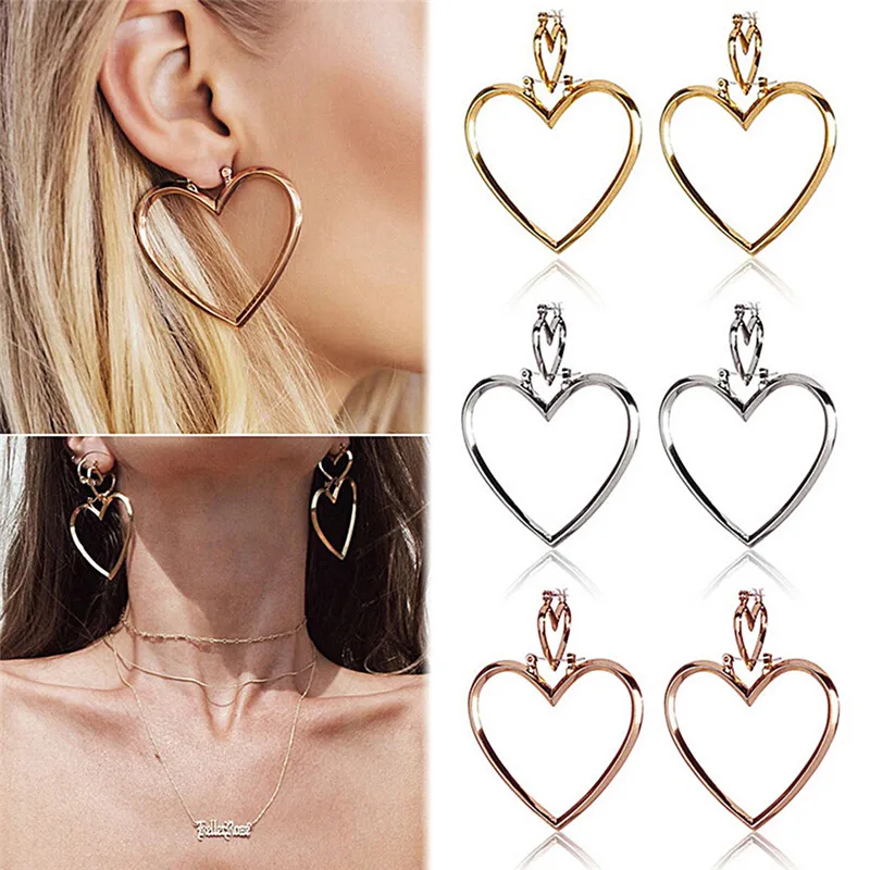 

Hot sale New Double Heart Earrings for Women Big Heart Earrings Gold Rose Gold Color Dangle Earrings Jewellery 1Pair