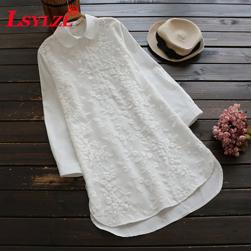 

Spring Autumn Floral Embroidery White Long Sleeve Women Blouses long Shirt Cotton Casual Women Tops Blusas 2018 C168
