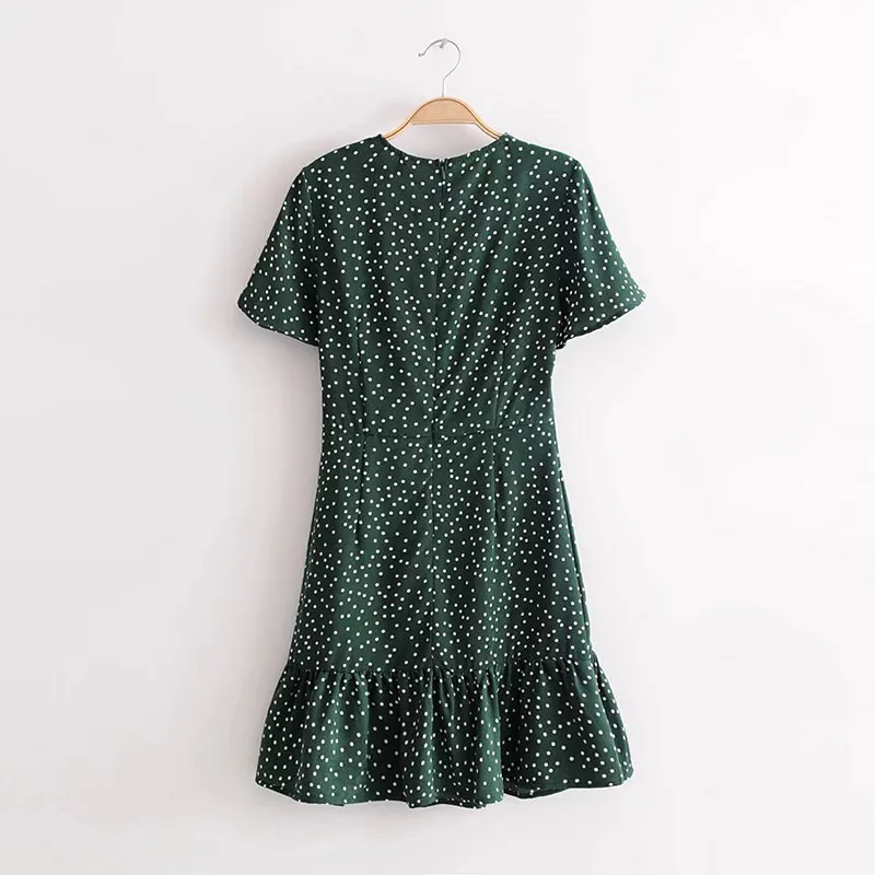 yinlinhe Green Polka Dot Dress Women Short Sleeve V neck Sexy Summer Dress Vintage Elegant Bowknot Ruffles Vestidos     2