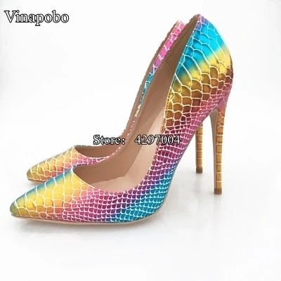 New Pointed Toe Shoes Women Colorful Rainbow Snake Printed Pumps 8/10/12cm High Heels Genuine Leather Stilettos Women Shoes