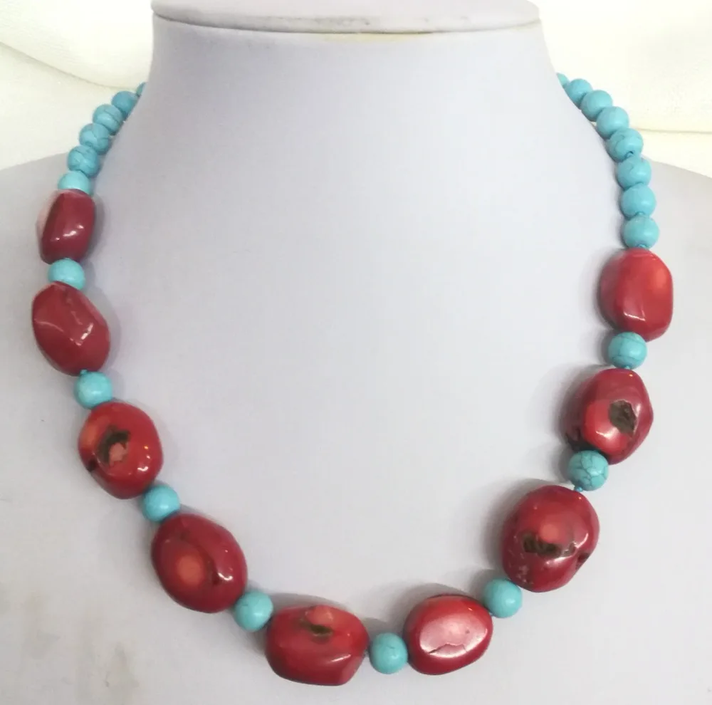 

Woman Fashion jewelry baroque red coral stone light blue beads handmade Necklace gift 18'' 45cm