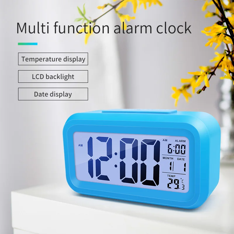 Digital Alarm Clock Time Data LCD Display Snooze Function Electronic BackLight Sensor Nightlight Office Table Student Kids Clock