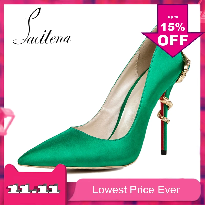 

Snake Fretwork High Heels Shoes Green Satin Shoes Elegant Dance Dress Pumps Women's Crystal Shoes
