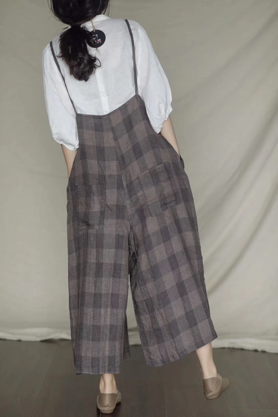 Literary Wild Summer Color Woven Loose Suspenders Pure Linen Casual Sling Wide Leg Pants Female Nt-01