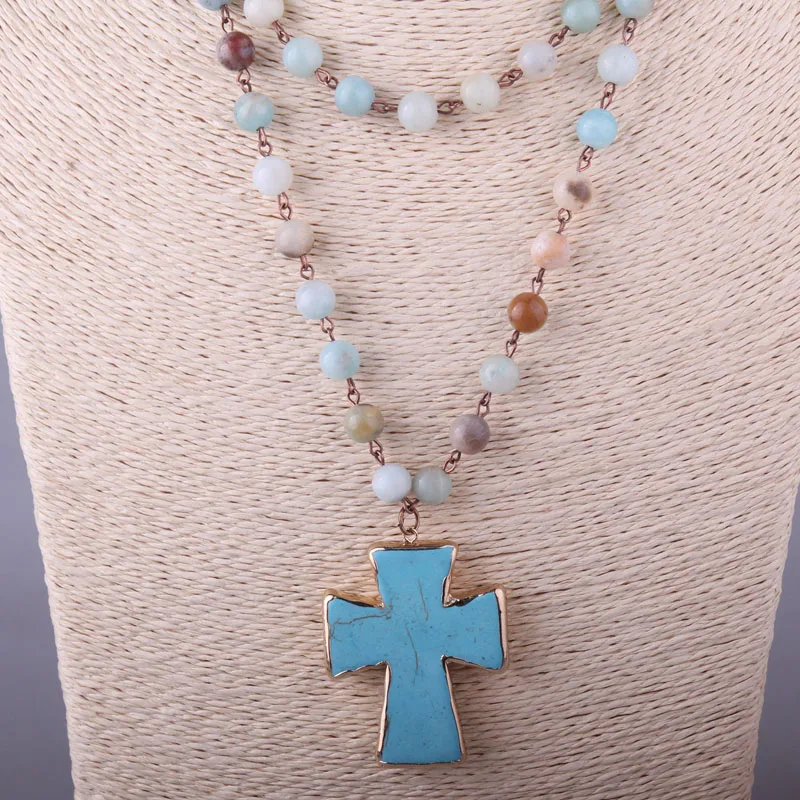 MOODPC модное богемное этническое ремесленное ювелирное изделие Четки Цепь камни амазонита крест ожерелье