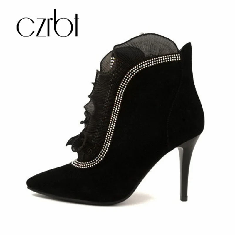 

czrbt 2018 fashionable European and American lace with diamond pointed thin heels dress shoes women's boots