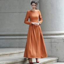 2016 S-3XL Fall Winter High Quality Wool Dresses Women’s Retro Button Detail Box Pleat Long Sleeve Maxi Long Dresses