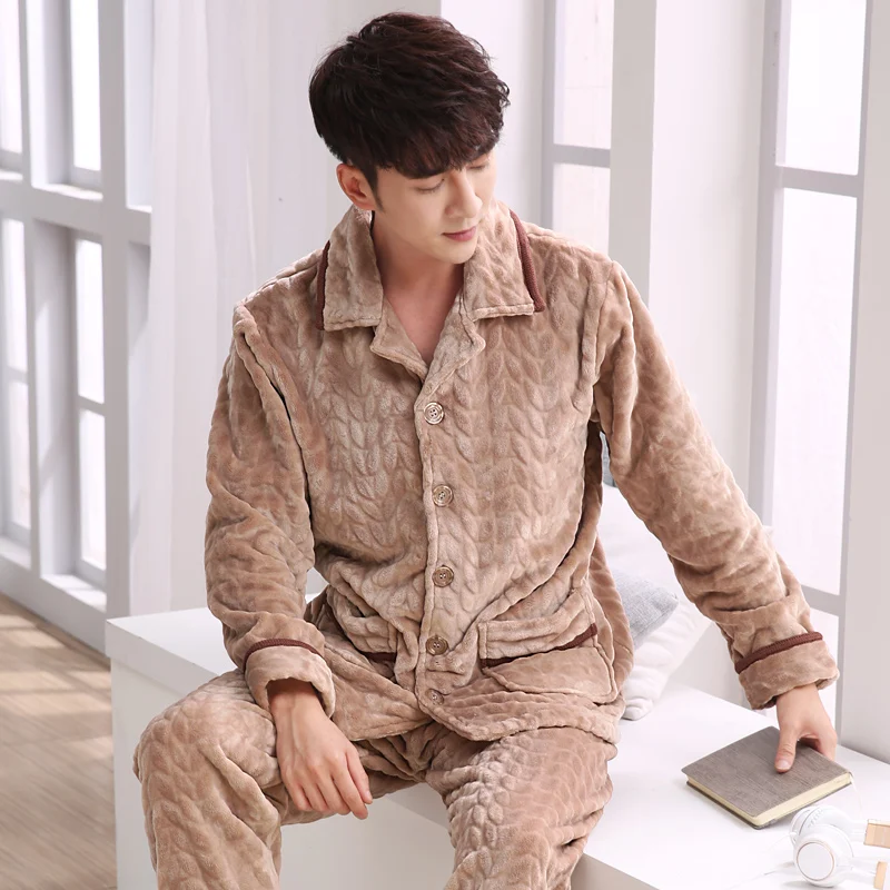 Мужская пижама фланелевая осенне-зимняя мужская пижама ночная рубашка кардиган с v-образным вырезом и длинными рукавами гостиная сон