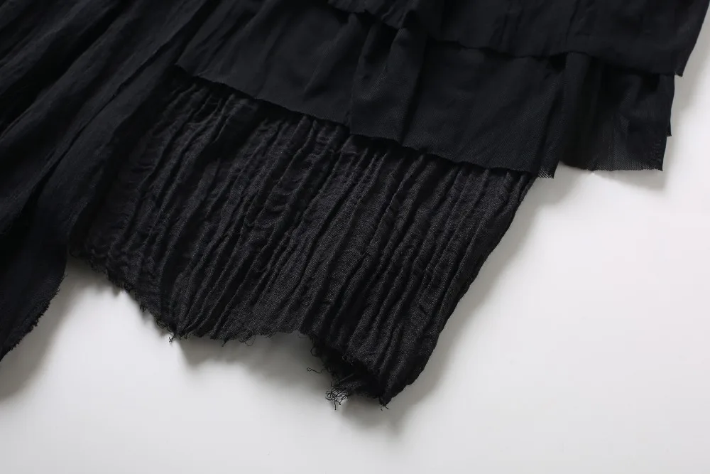 Cakucool Женская темно-черная длинная юбка плиссированная сетчатая льняная нашивка из шифона юбка с дырками дикая Асимметричная юбка дизайн