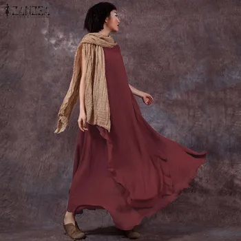 

2020 Summer Elegant Cotton Linen Vintage Dress Long Casual Loose Sleeveless O Neck Solid Dresses Vestidos Plus Size ZANZEA Women