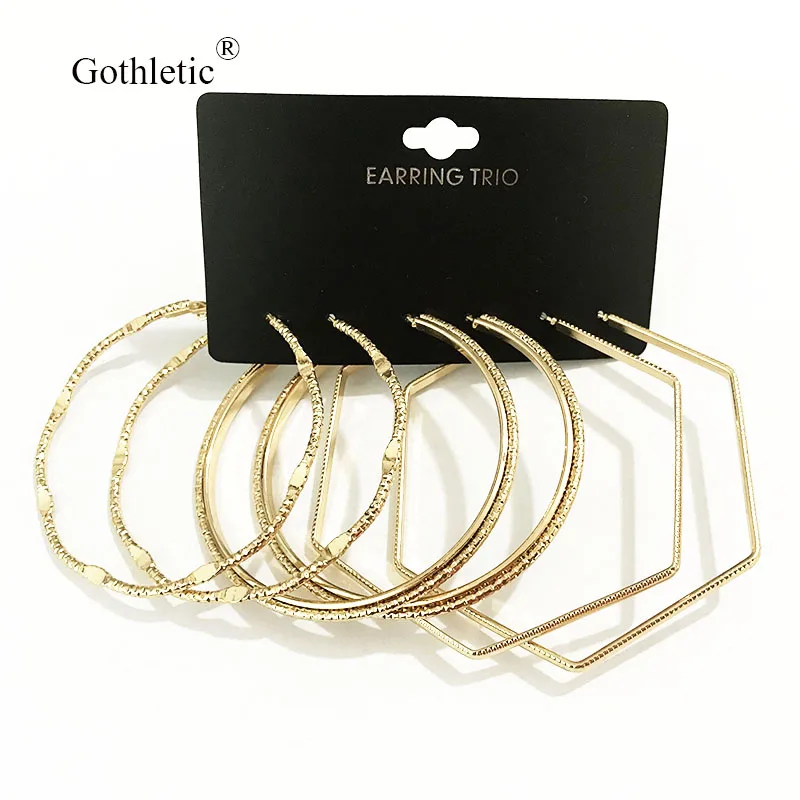 

Gothletic Pack of 3 Hoop Earrings Set 58/63/68MM Gold Color Textured Metal Round Earrings for Women Brincos Fashion Jewelry