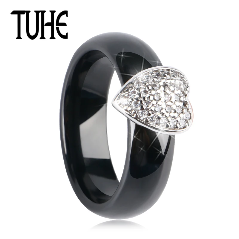 

TUHE Delicate Shining Zircon Crystal Heart Women Rings Silver Metal With 6MM Ceramic Engagement True Love Ring For Women Jewelry