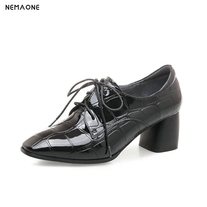 

NNEMAONE Genuine leather lace up retro square heel women pumps square toe casual Oxford shoes woman large size 42