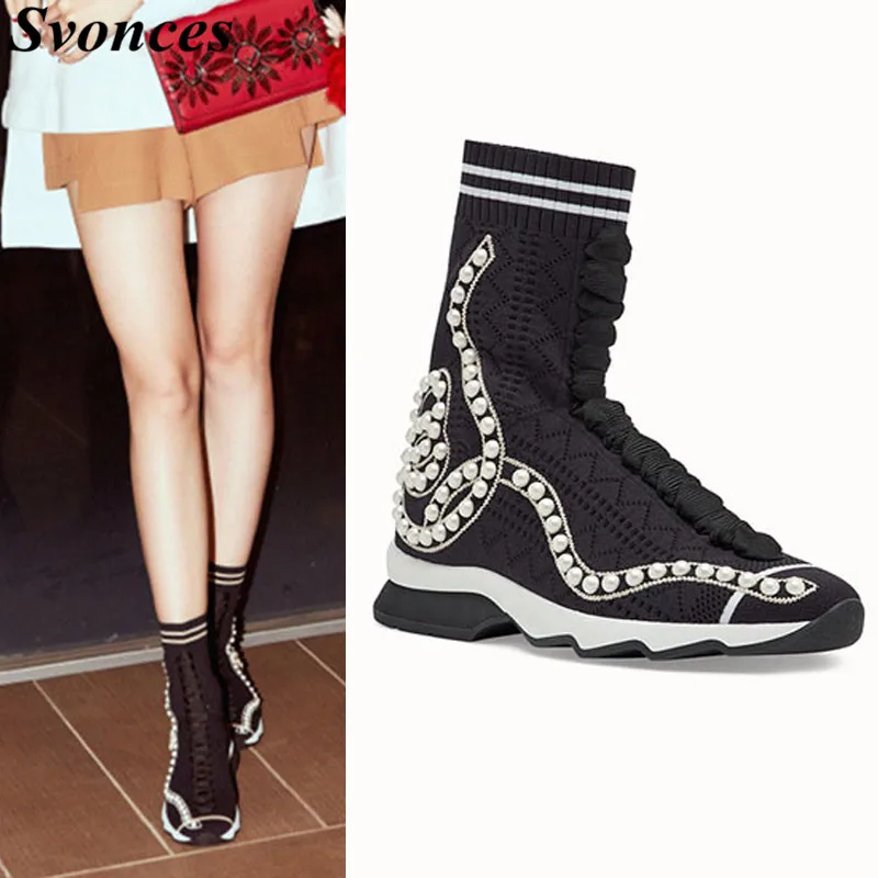 

2019 New Luxury Design Pearl Sock Boots Woman Flats Casual Shoes Autumn Ankle Boots Women Black White Stripe Stretch Boots