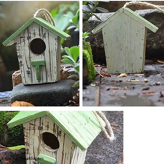 Hanging Small Distressed Solid Wood Handmade Decorative Bird House (2)