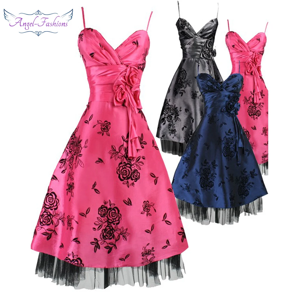

Pleated V Neck Floral Bow Party Dress Cocktail Dresses 017