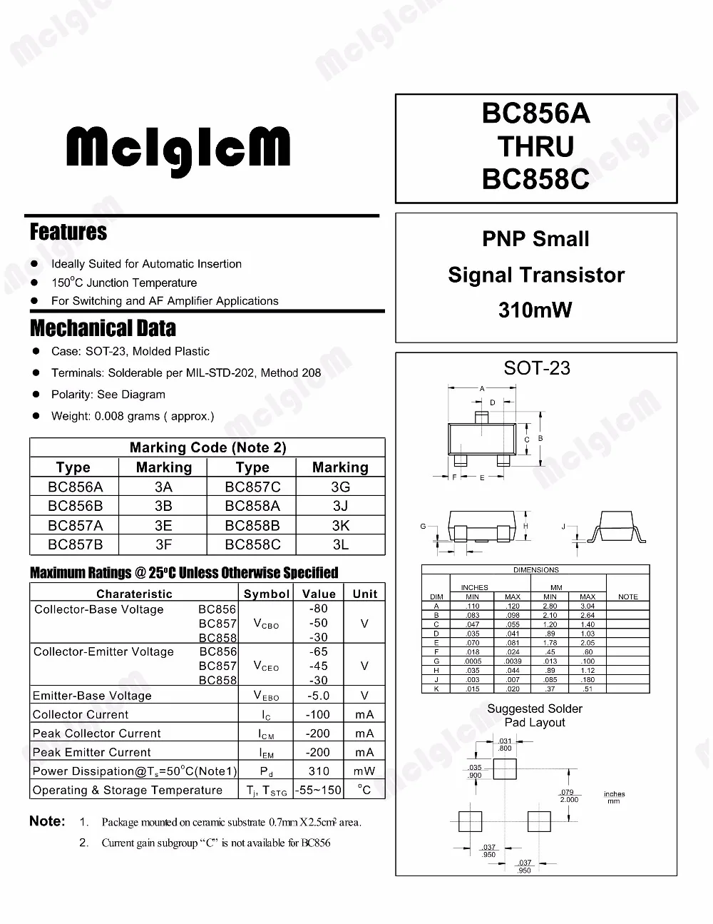 MCIGICM 100pcs BC856A Bipolar (BJT) Transistor PNP 65V 100mA 200MHz 300mW Surface Mount SOT-23-3,bc856