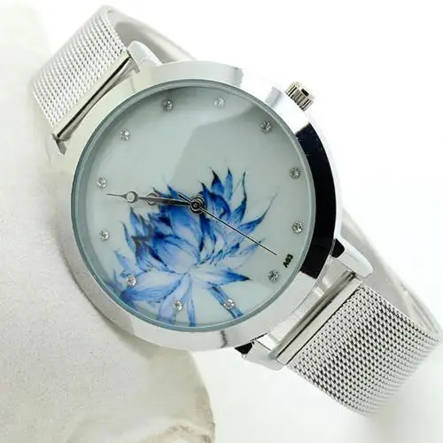 

Women's Fashion Blue Lotus Case Stainless Steel Band Mesh Quartz Wrist Watch hot