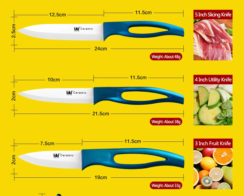 XYJ фирменный набор кухонных ножей с синими ручками и цирконием, 3 дюйма, 4 дюйма, 5 дюймов, 6 дюймов, керамический нож, хорошее качество, инструменты для приготовления пищи