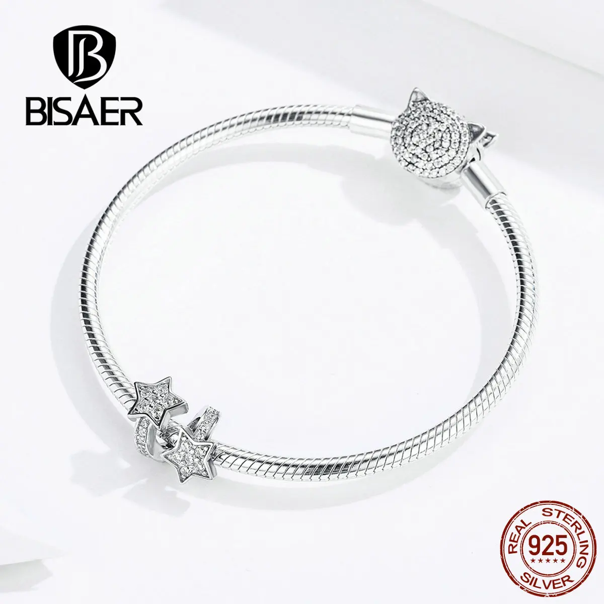 BISAER Luminous Star Clear Cubic Zircon 925 Sterling Silver Star Beads Charms fit Women Bracelets Silver 925 Jewelry ECC1244