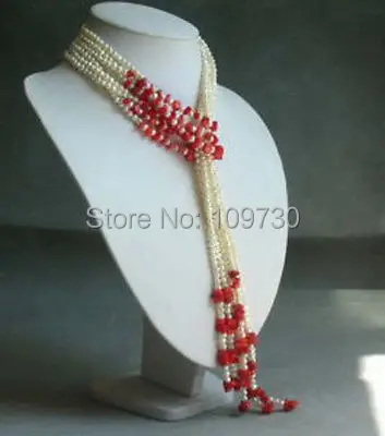 

Jewelry 002826 Charm 3 Rows White Pearls & Coral Long Chain Tassel Tie Girls Jewelry Necklace