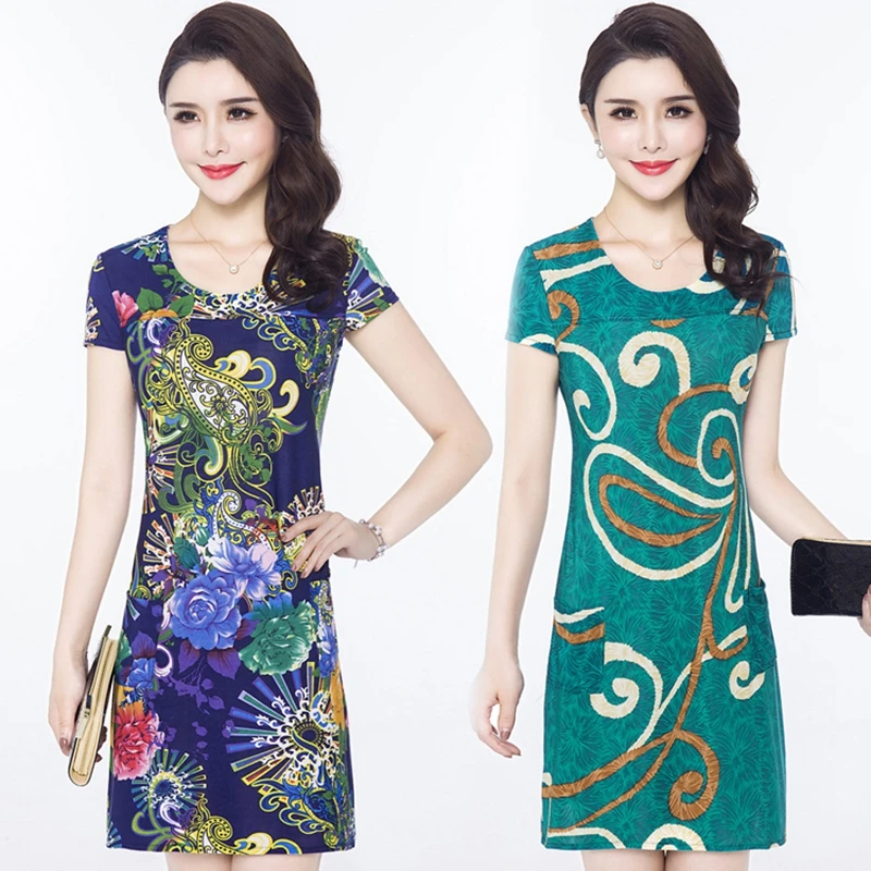 

2019 new Women Summer style dress Slim Tunic Milk Silk print Floral Casual Plus Size S-5XL vestido feminino loose dresses