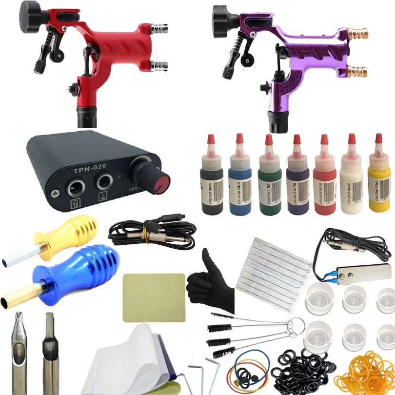 

2018 Pro Complete Tattoo Machine Kit Set 2Pcs Rotary Tattoo Machine Gun Power Supply Needles Grips Tips Footswitch For Body Art