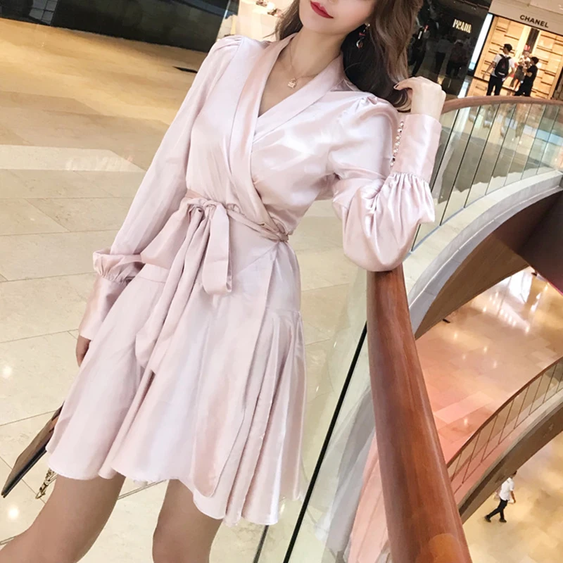 Elegant Silk Satin Dress Women Sexy V Neck Lantern Sleeve Ruffle Sash Mini Wrap Dress Ladies A Line Long Sleeve Dress Vestido