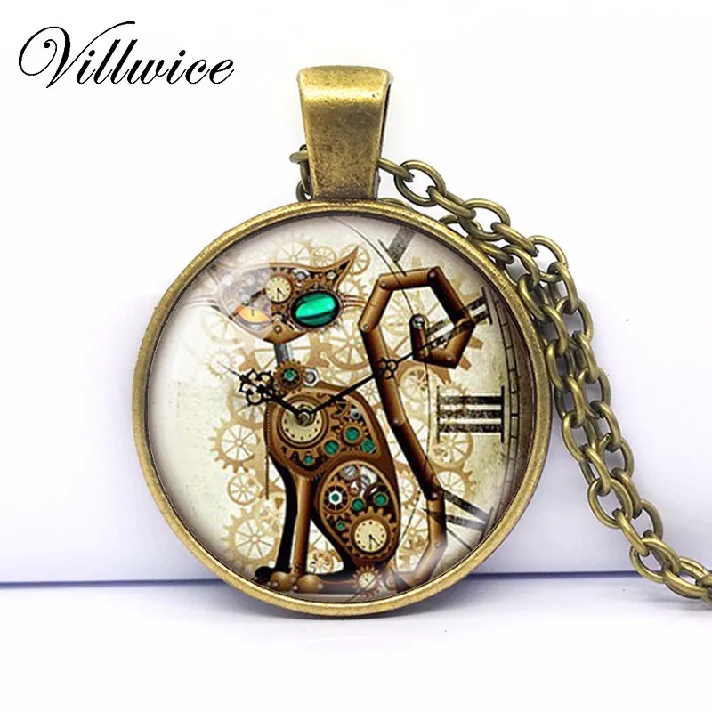 Black Cat Kitty Chasing Clock Mechanic Steampunk Gear Chain Dangle Earrings