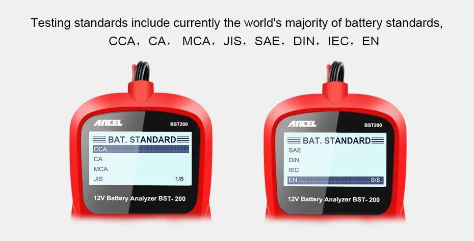 Ancel BST200 автомобильный аккумулятор тестер нескольких языков 12 В в ячейка 100-1100CCA 30-100Ah батарея система обнаружения Автомобильный