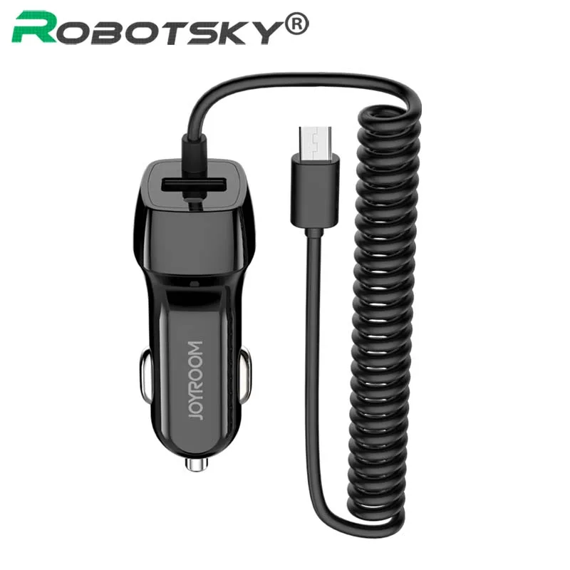 Dual Port USB Phone Car Charger Adapter 5V/2.1A Fast Charge Spring Cord