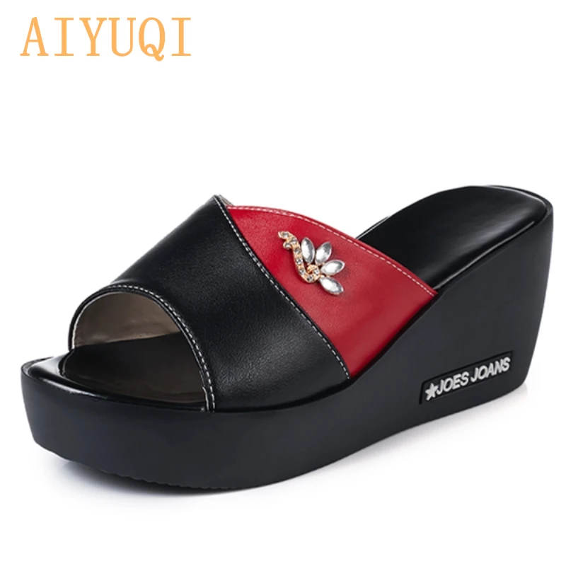 

AIYUQI 2020 summer shoes and slippers for women high platform shoes Outdoor genuine leather flip flop women's shoes with wedge