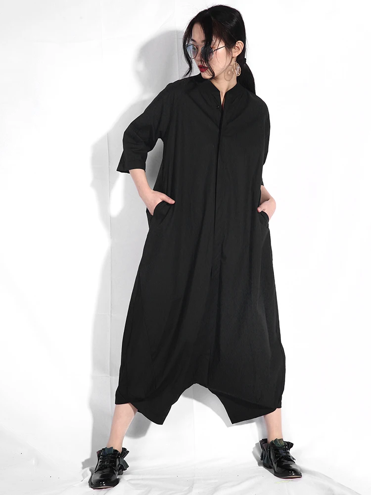 

LANMREM 2019 Women Summer Stand Collar Pockets New Half Sleeve O-neck Jumpsuit Female Loose Big Size Solid Color Clothes YA116