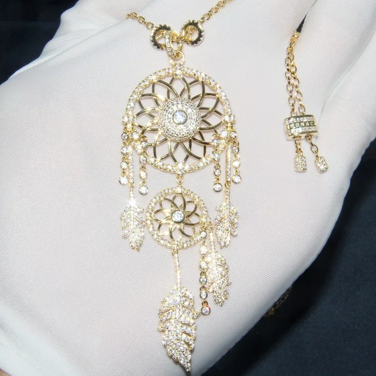 

925 Sterling Silver Gold Color Dreamcatcher Necklace Zircon Sweater Long chain Pendant Necklaces For Women Birthday Gift DJN053