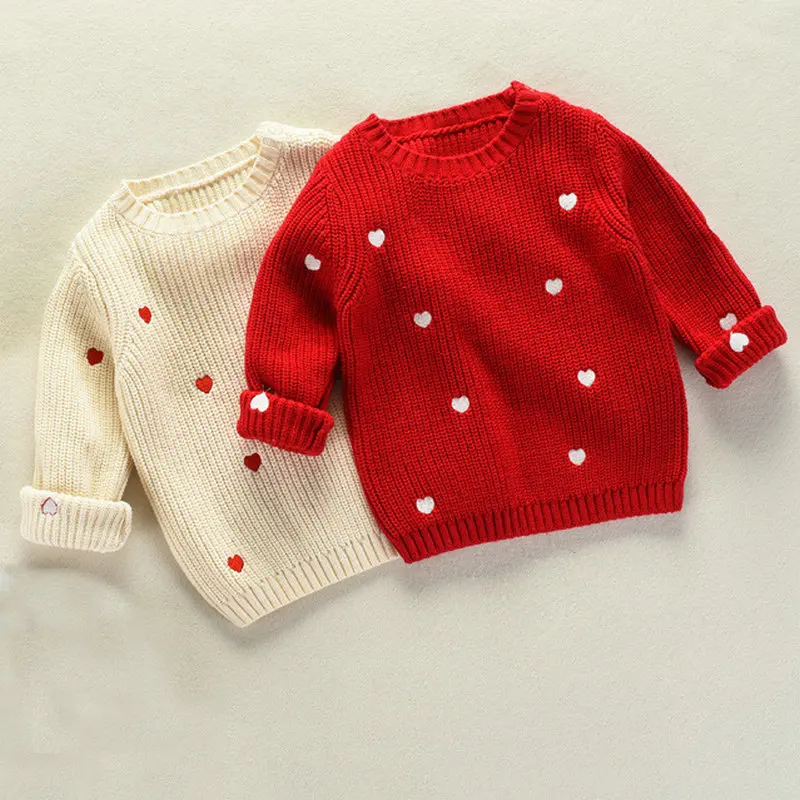 

Baby Girl Christmas Girls Sweater White Red Heart Pattern Knit Clothes For Toddler Kids Girl Autumn Cotton Warm Winter Sweaters