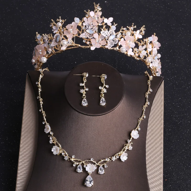 Baroque Gold Color Butterfly Crystal Costume Jewelry Sets Rhinestone Choker Necklace Earrings Tiaras Crown Wedding Jewelry Set bridal jewelry sets