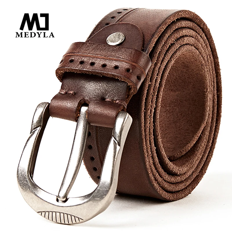 MEDYLA 남성용 빈티지 오리지널 가죽 벨트, 고품질 천연 가죽, 중간 층 없음, 청바지 캐주얼 바지