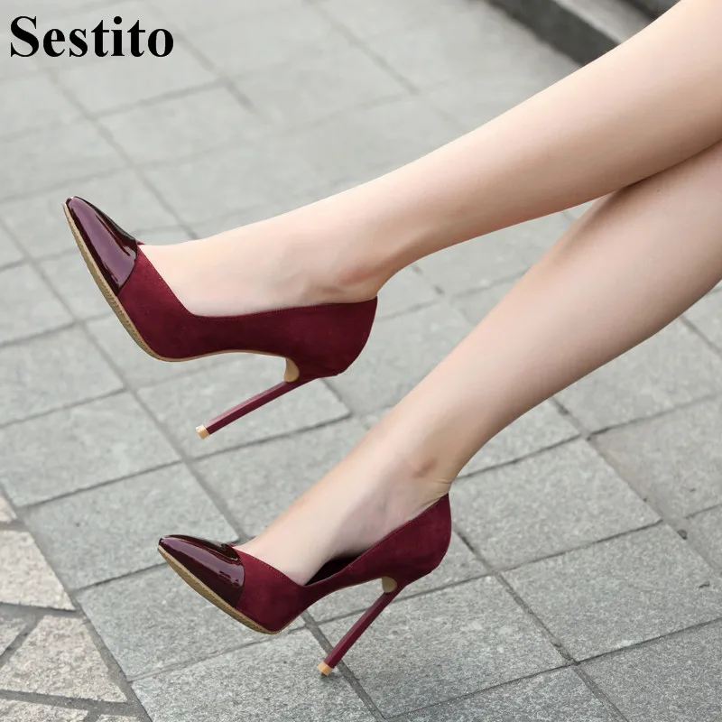 

Sexy Red Wine Black Pointed Toe Casual Shoes Pumps High Heels Party Pumps Women Super High Thin Heels 10 cm Slip-on Women Shoes