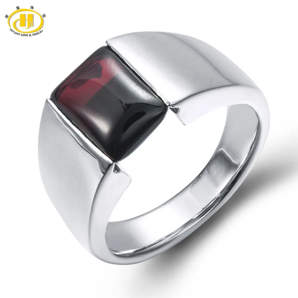 

HUTANG 3.7ct Natural Black Garnet Cabochon Cut Solid 925 Sterling Silver Ring Gemstone Fine Jewelry Women's Xmas Gift