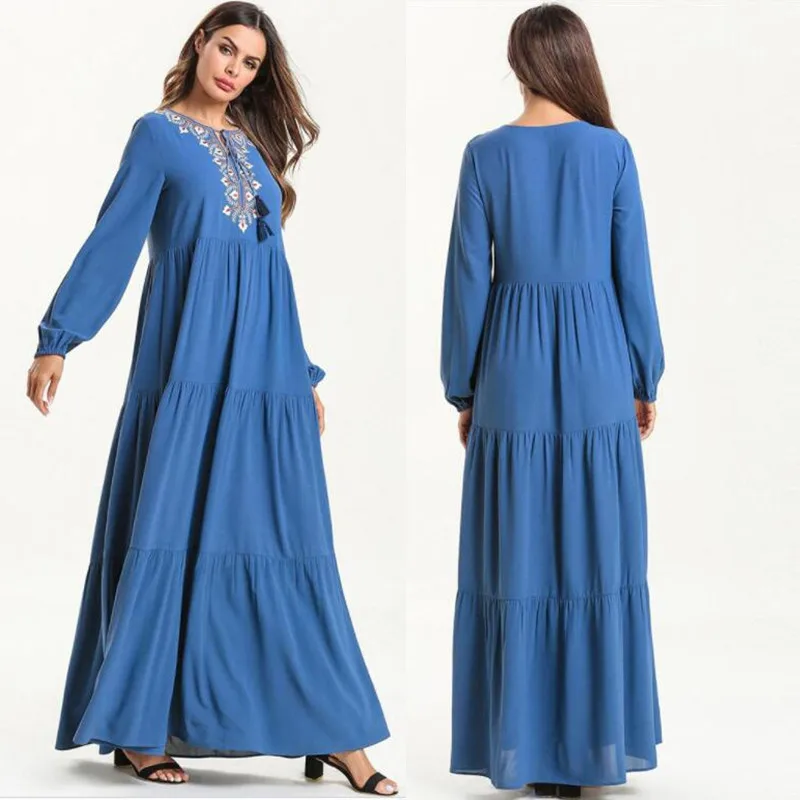 

2019 Abaya Qatar UAE Turkish Islamic Malaysia Ruffle Pleated Muslim Dress Long Maxi Dress Robe Embroidery Dubai Kaftan Ramadan