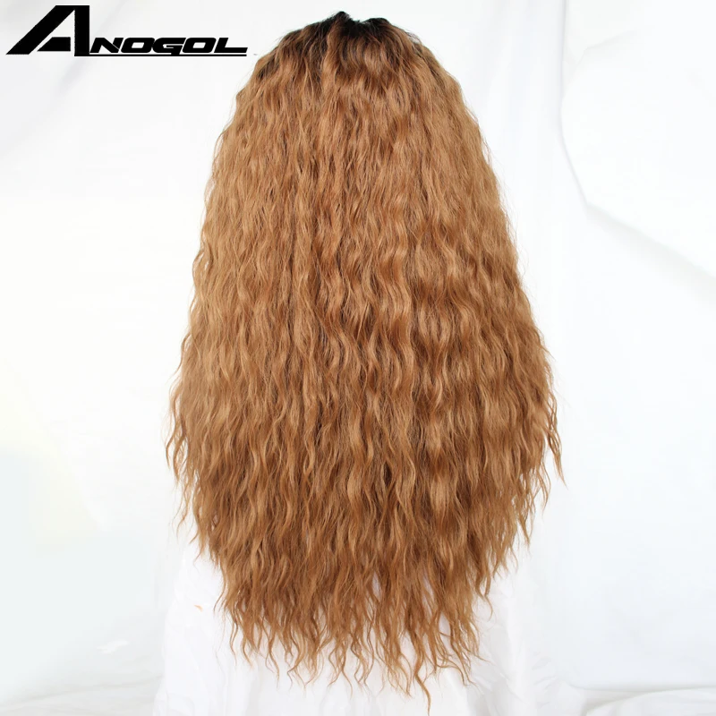 Anogol Long Kinky Curly Peruca Futura Fiber Hair Wigs Black Ombre Brown Synthetic Lace Front Wig For African American