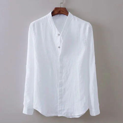 Mens Full Sleeve Linen Shirts White Blue Solid Casual