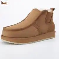 INOE Beckham same style real sheepskin suede leather slip-on winter snow boots for men natural wool fur lined winter shoes brown